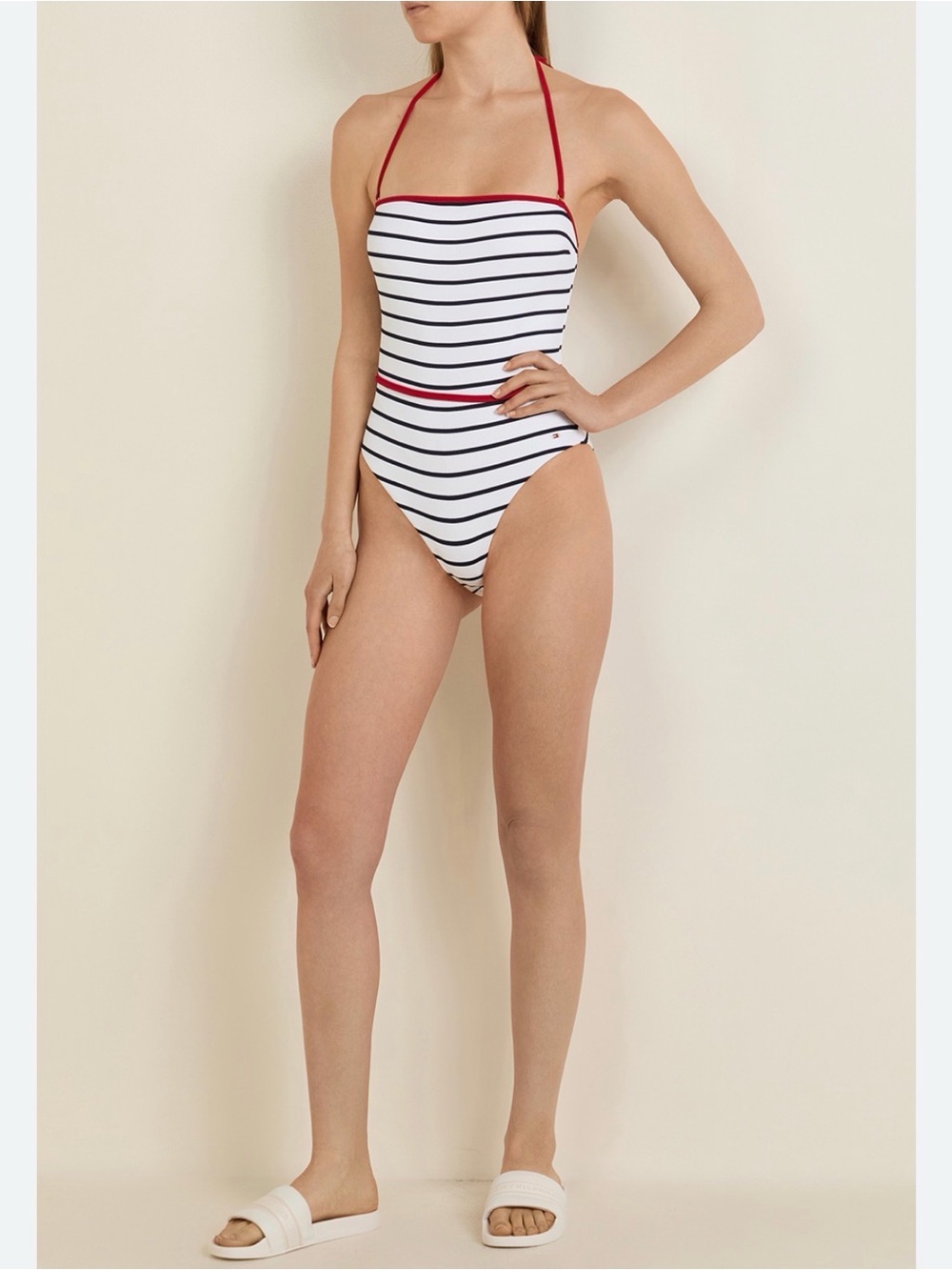Tommy Hilfiger White and Navy Striped One-Piece Swimsuit with Red Trim/ Belt